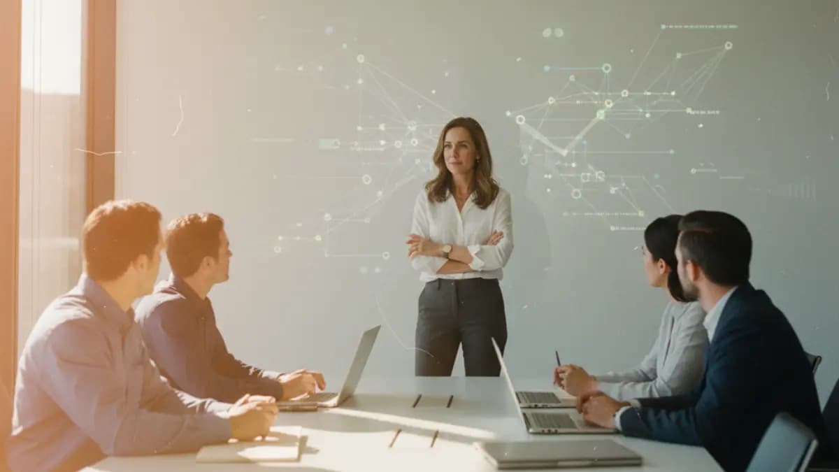 a business leader standing in front of a team, subtle projection of abstract AI data patterns on the wall behind them, symbolizing technology shaping leadership