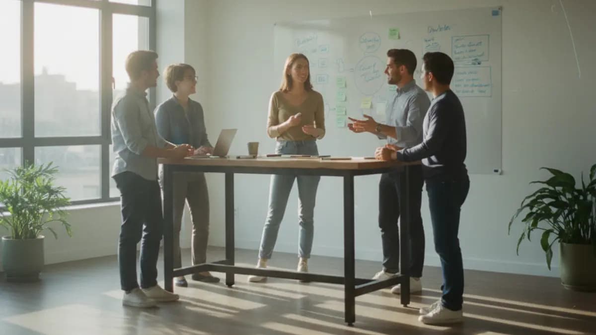 Team discussing at whiteboard – symbol of collaboration, career growth and overcoming imposter syndrome