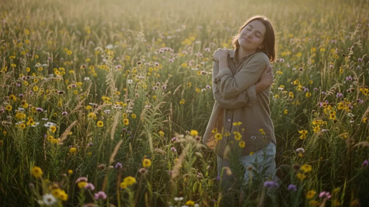Woman hugging herself in a flower field – symbol of self-love and acceptance
