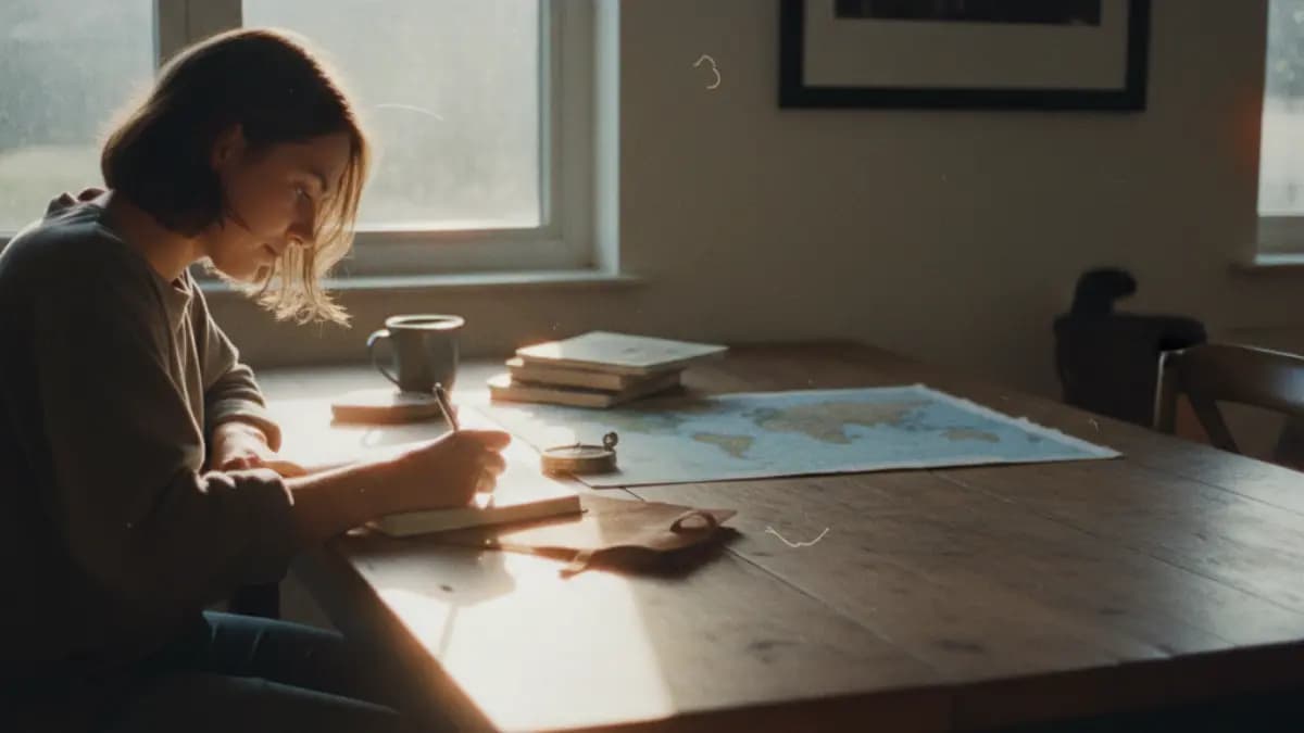 Life planning – woman writing notes in journal at desk with world map, symbolizing planning for the future.
