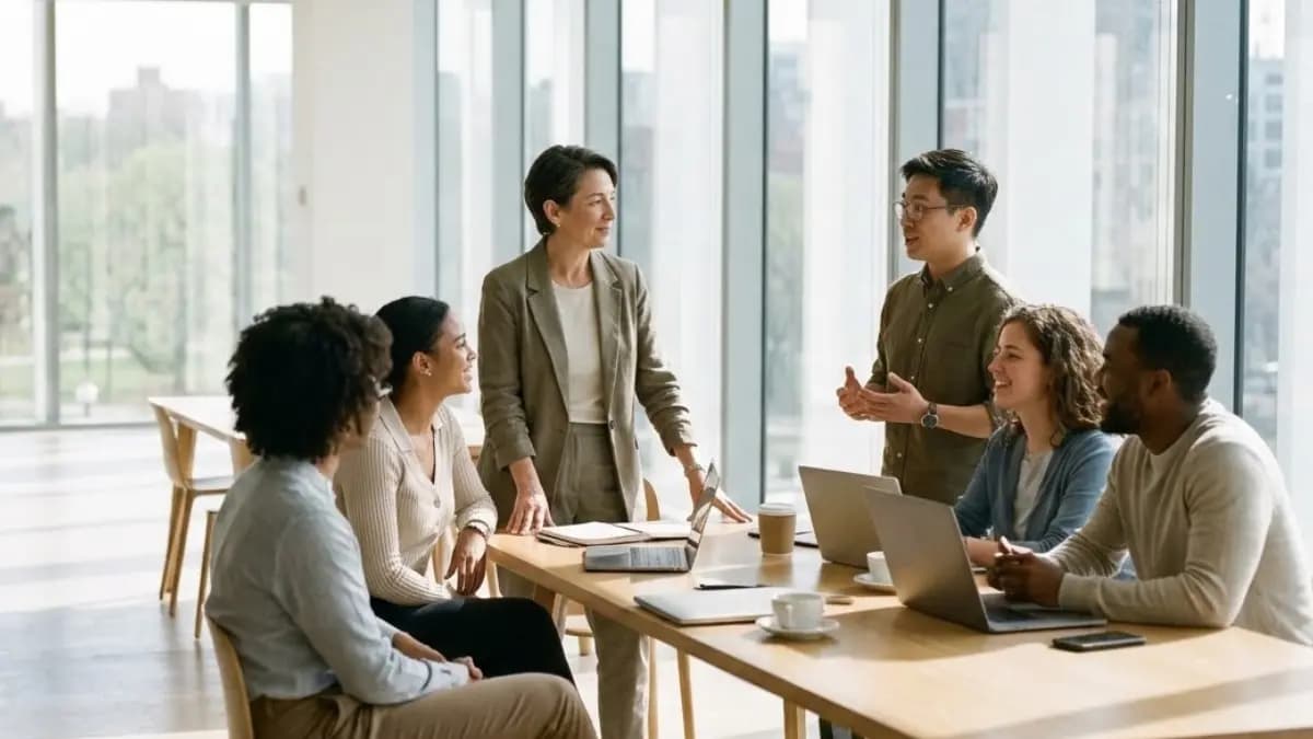 A leader standing among their team in a bright modern workspace, listening attentively to a colleague while resting one hand lightly on the table; the team gathered casually around, engaged and relaxed, large windows filling the room with natural daylight, symbolizing empathy, trust, and people-first leadership