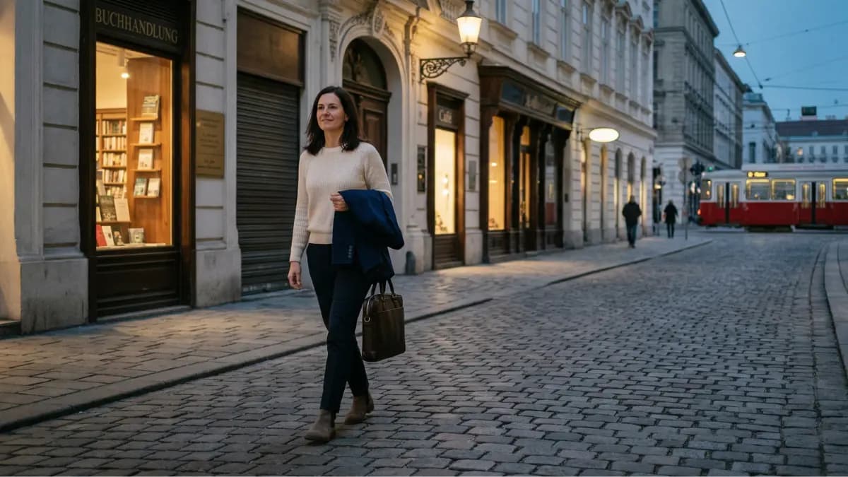a confident woman in her late 30s walking alone through a quiet Vienna side street at early evening, holding a folded blazer over one arm and her laptop bag in the other hand, just after leaving an important meeting, with warm light reflecting softly in shop windows and trams passing in the distance; her upright posture and calm expression subtly reflect growing self-assurance, hinting at a decisive step toward a more fulfilling professional path