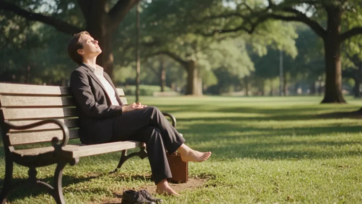 Businesswoman relaxing barefoot on park bench in sunlight – symbol of burnout recovery and stress relief
