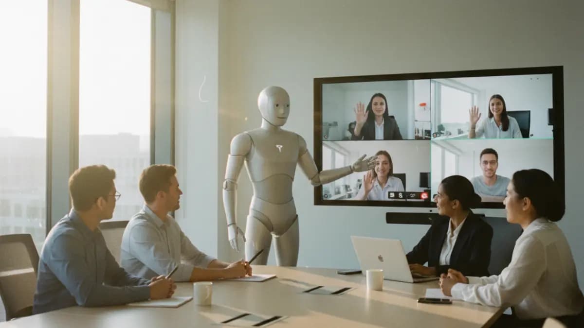 Robot presenting in video conference with team – symbol of future of work, AI and digital transformation