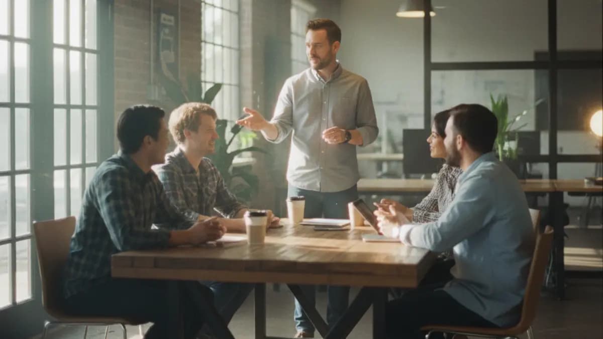New manager speaking in team meeting – symbol of leadership start, people management and managerial skills