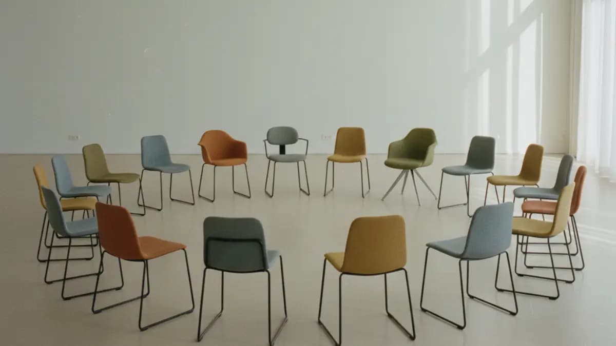 Empty circle of chairs in a bright room – representation of the 16 personality types in coaching context