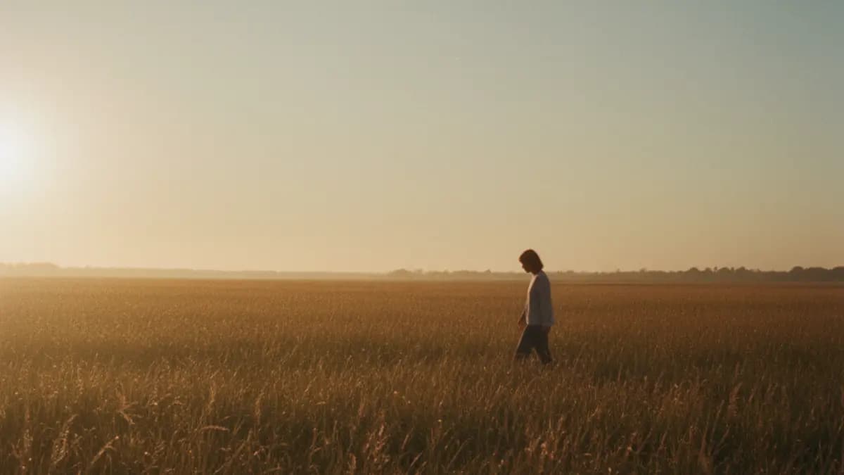 Woman walking alone through a field at sunset – symbol of self-sabotage and inner barriers