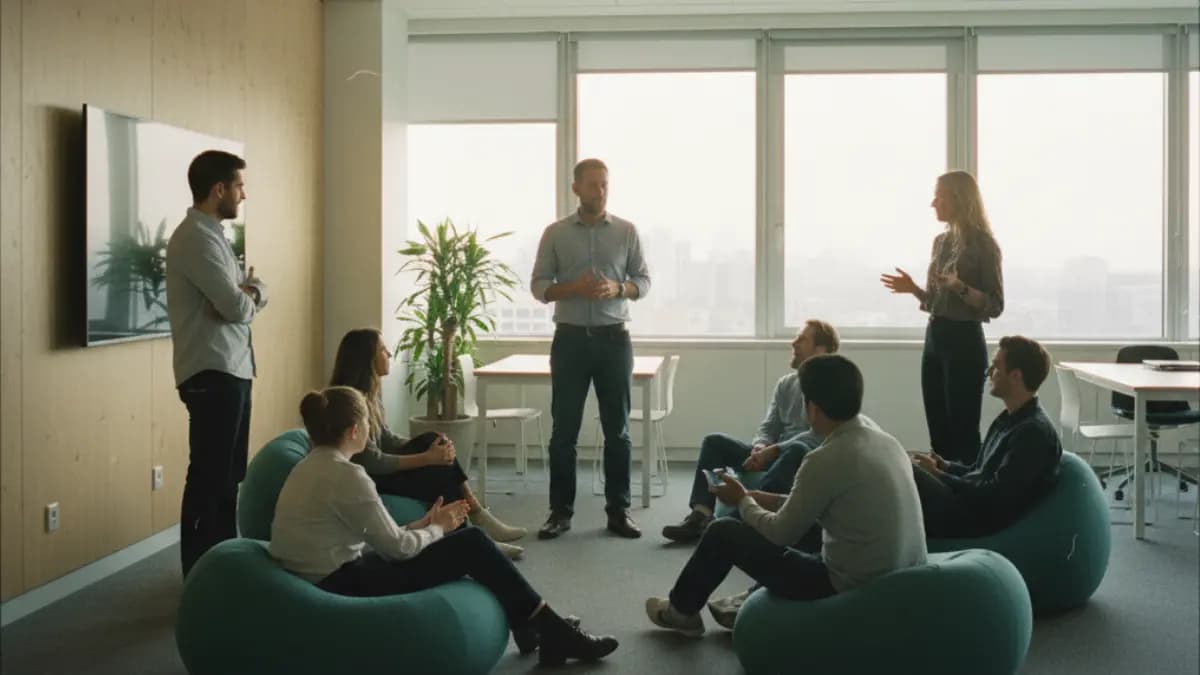 Coaching culture in business – team meeting with leader and employees, collaboration and growth.