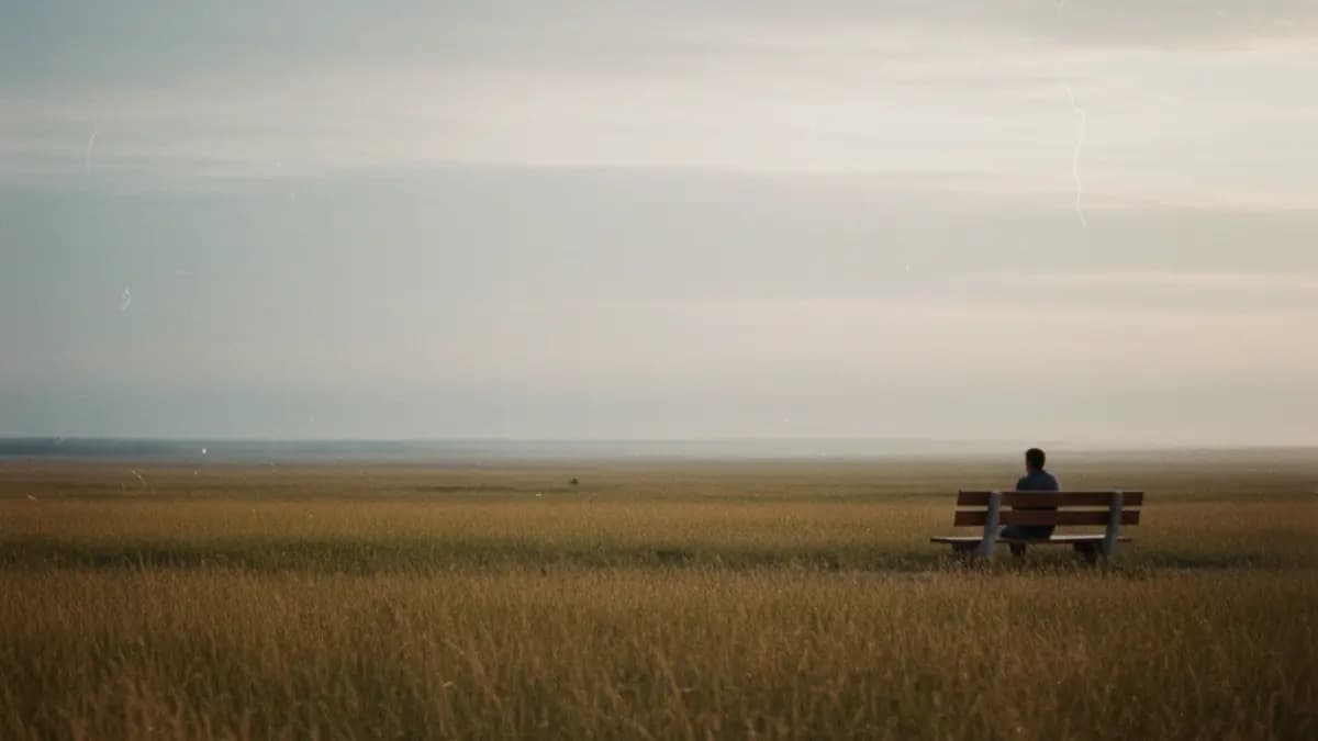Person sitting alone on a bench in a wide field – symbol of emptiness inside and self-reflection