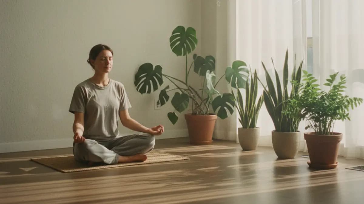 Young woman meditating in sunlight surrounded by indoor plants – mindfulness practice and mindful living