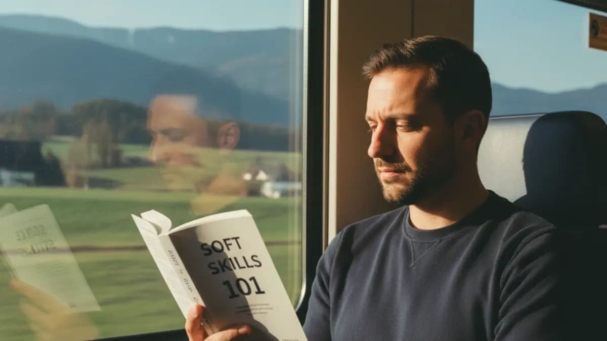 a man in his 30s sitting by the window of an Austrian train, reading a book titled "Soft Skills 101", soft sunlight falling on his face, symbolizing personal growth and soft skills development while traveling