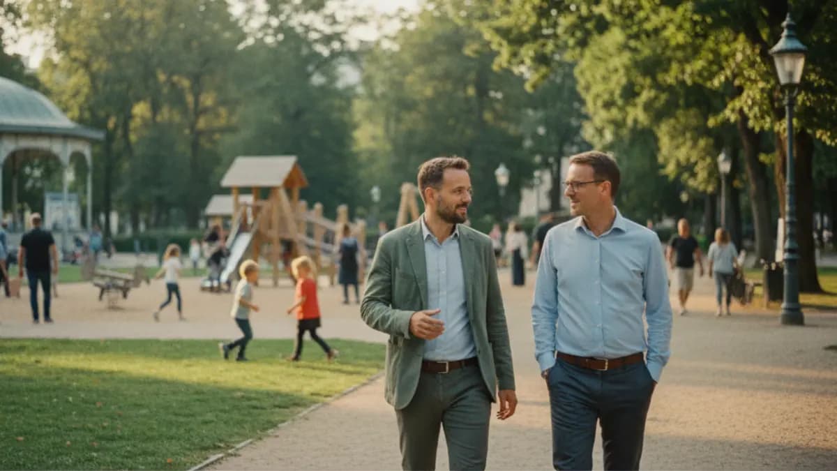 two men walking side by side through a park in Vienna on a calm Sunday evening, engaged in a genuine, reflective conversation; children playing in the background, warm golden light filtering through the trees, symbolizing openness, emotional balance, and the supportive nature of men’s coaching