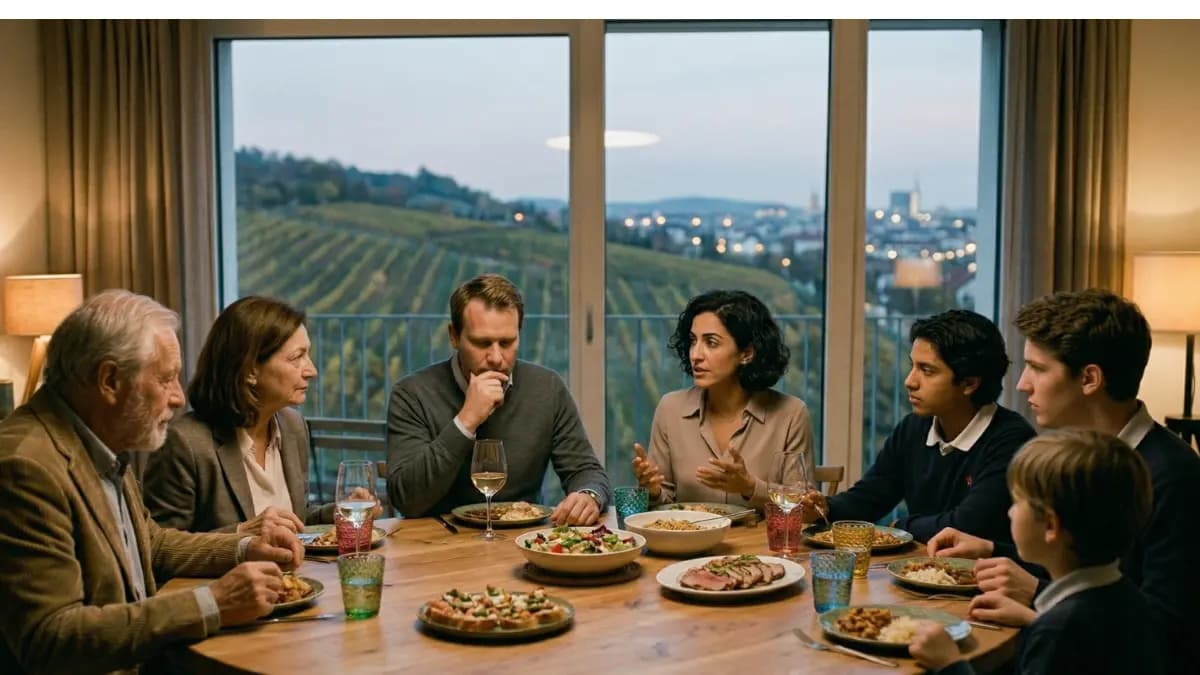 a well-dressed multigenerational family seated around a large dinner table in a beautiful hillside home overlooking Vienna, engaged in a strained pause between conversation and silence as hands rest near untouched wine glasses and half-finished plates, with the soft evening glow over rolling hills visible through wide windows; their posture and expression subtly reflect suppressed tension and emotional distance, hinting at the difficult first step toward understanding and resolving family conflict