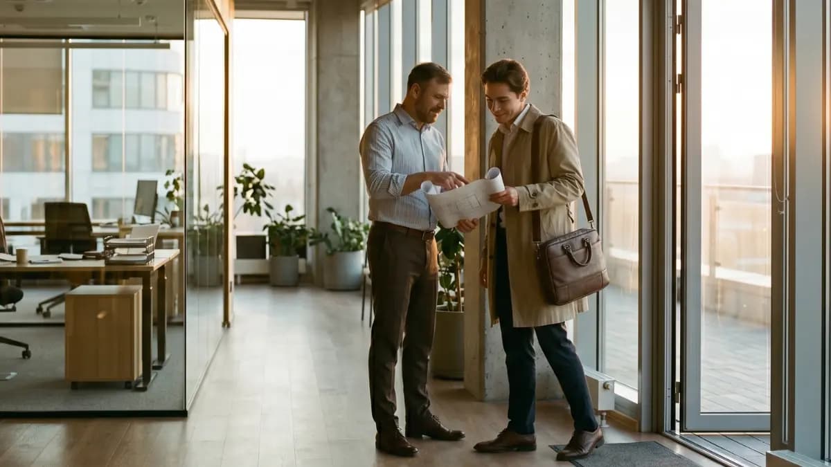a young professional standing near the exit of a modern office in the evening, coat and bag already on, while their manager leans out from an office desk asking for one more task; the employee pauses calmly with a polite but firm expression, warm sunset light entering through large office windows, subtly symbolizing healthy boundaries and learning to say no in a professional environment