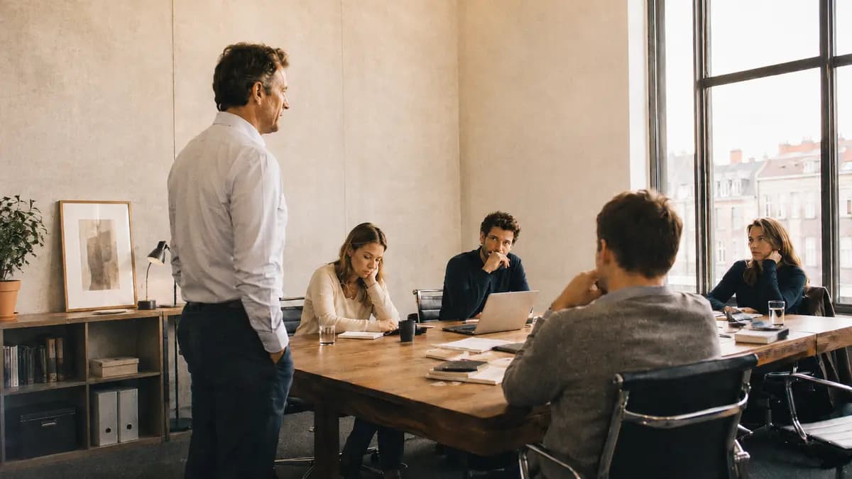 A man standing and leading a business meeting with four colleagues seated around a wooden conference table.